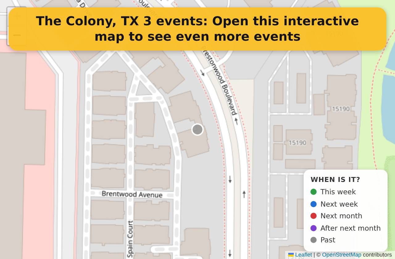 Map of events in The Colony, TX on the interactive EVENTULIST map