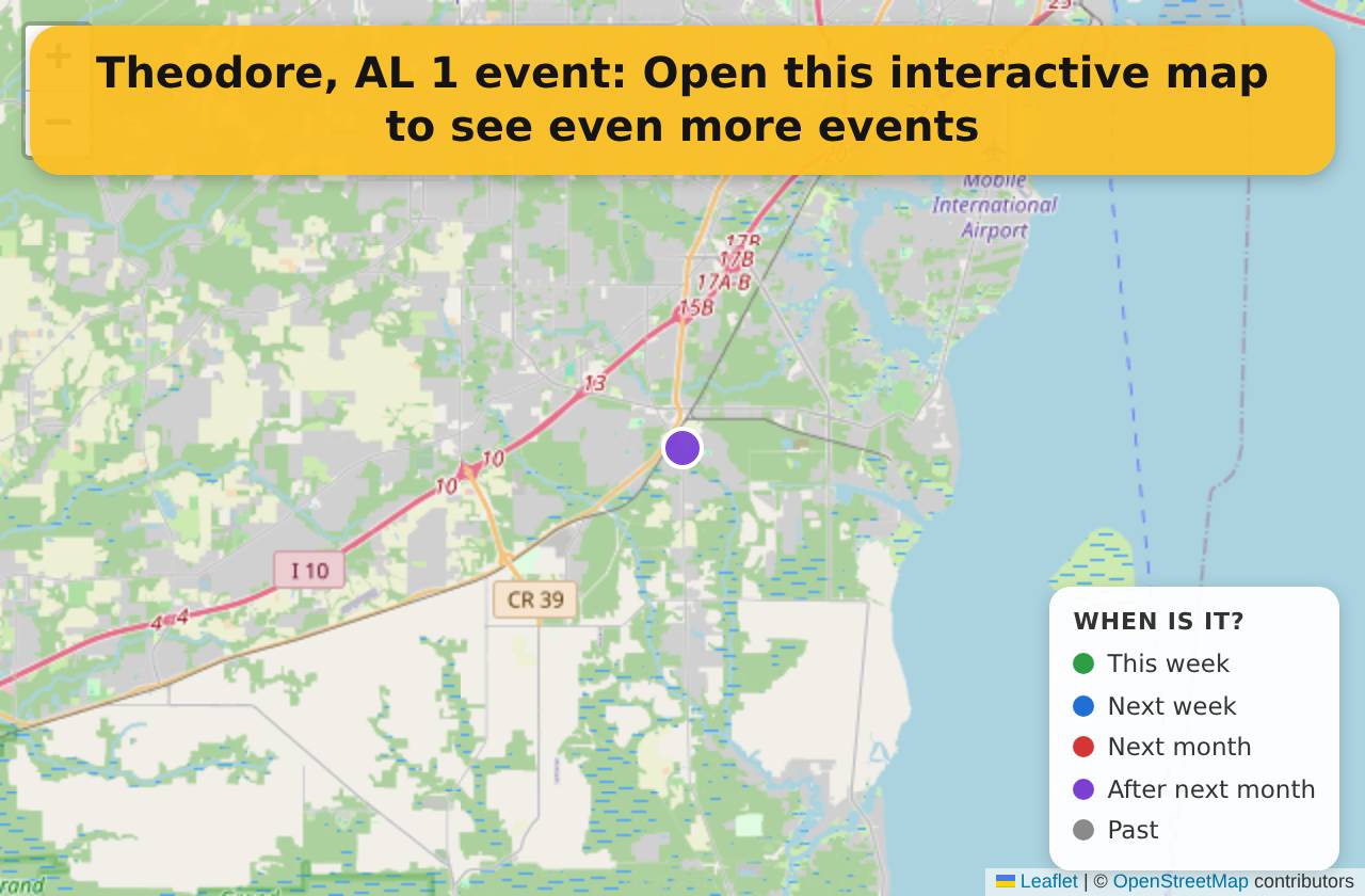 Map of events in Theodore, AL on the interactive EVENTULIST map