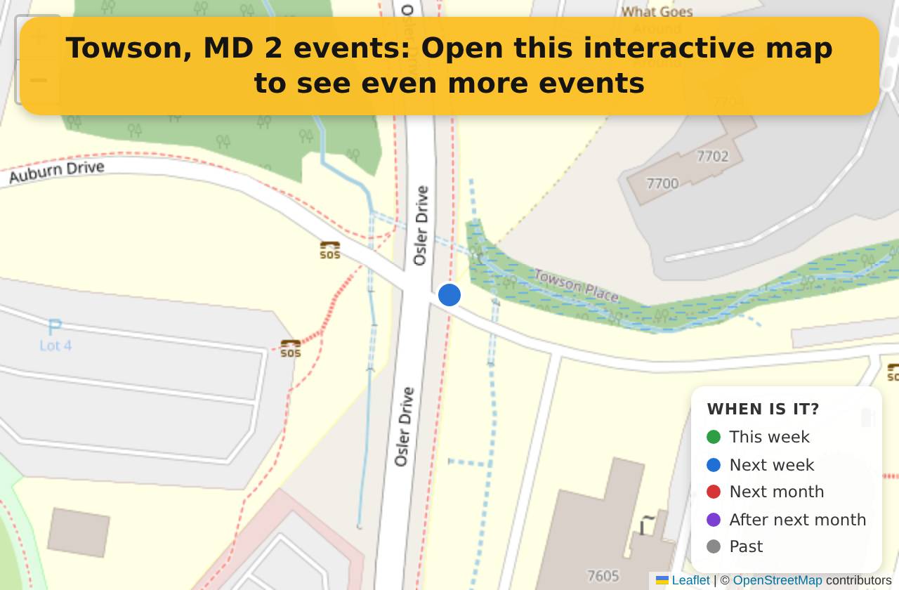 Map of events in Towson, MD on the interactive EVENTULIST map