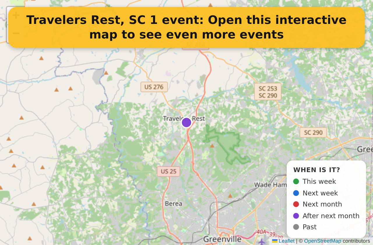 Map of events in Travelers Rest, SC on the interactive EVENTULIST map
