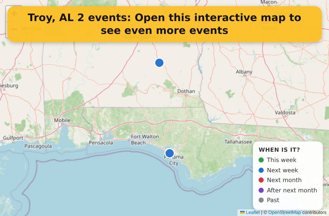 Map of events in Troy, AL on the interactive EVENTULIST map