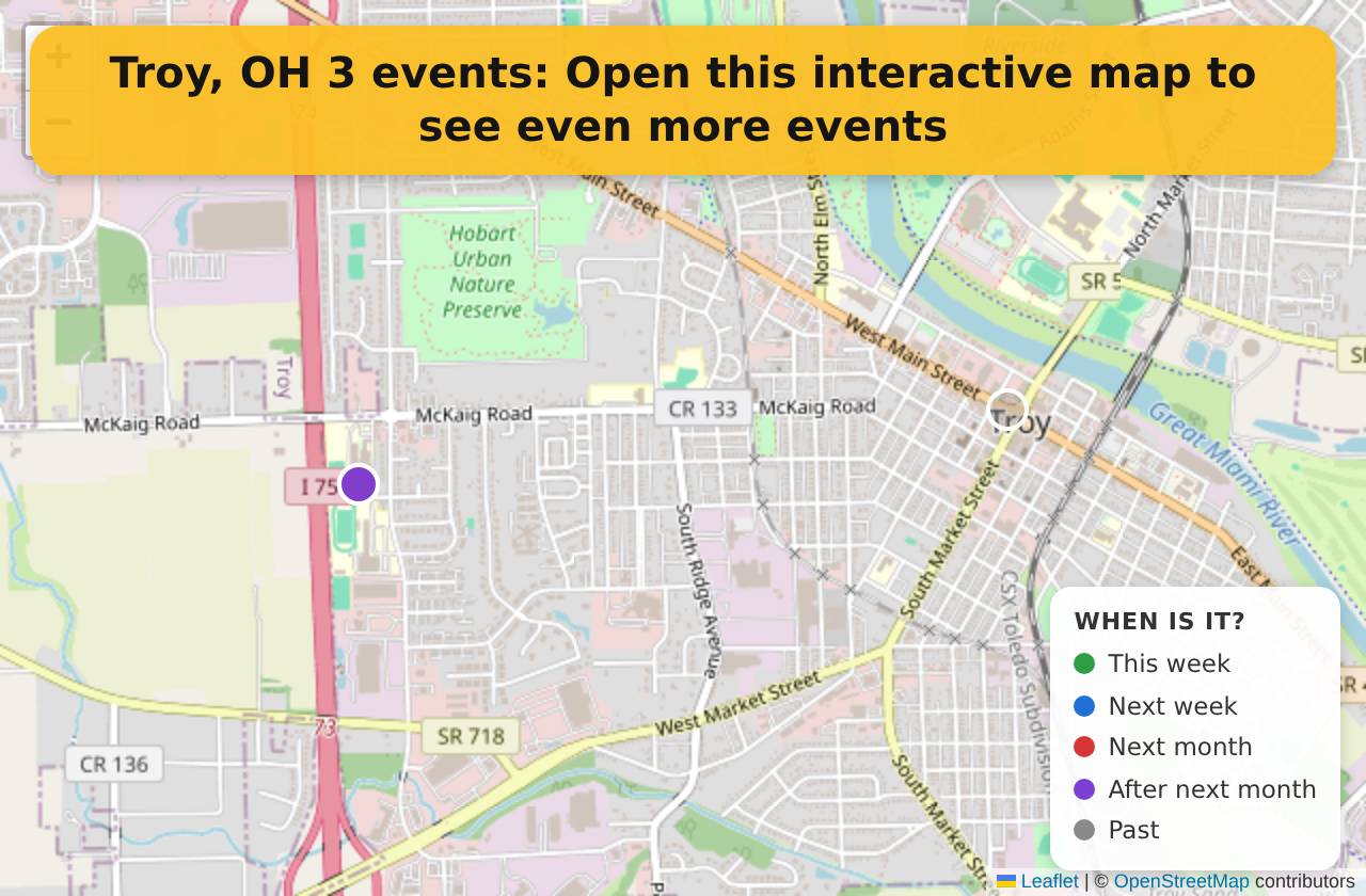 Map of events in Troy, OH on the interactive EVENTULIST map