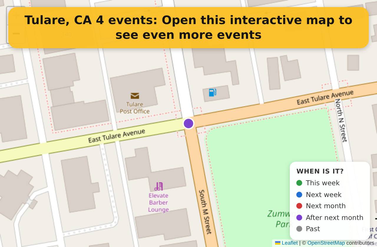 Map of events in Tulare, CA on the interactive EVENTULIST map