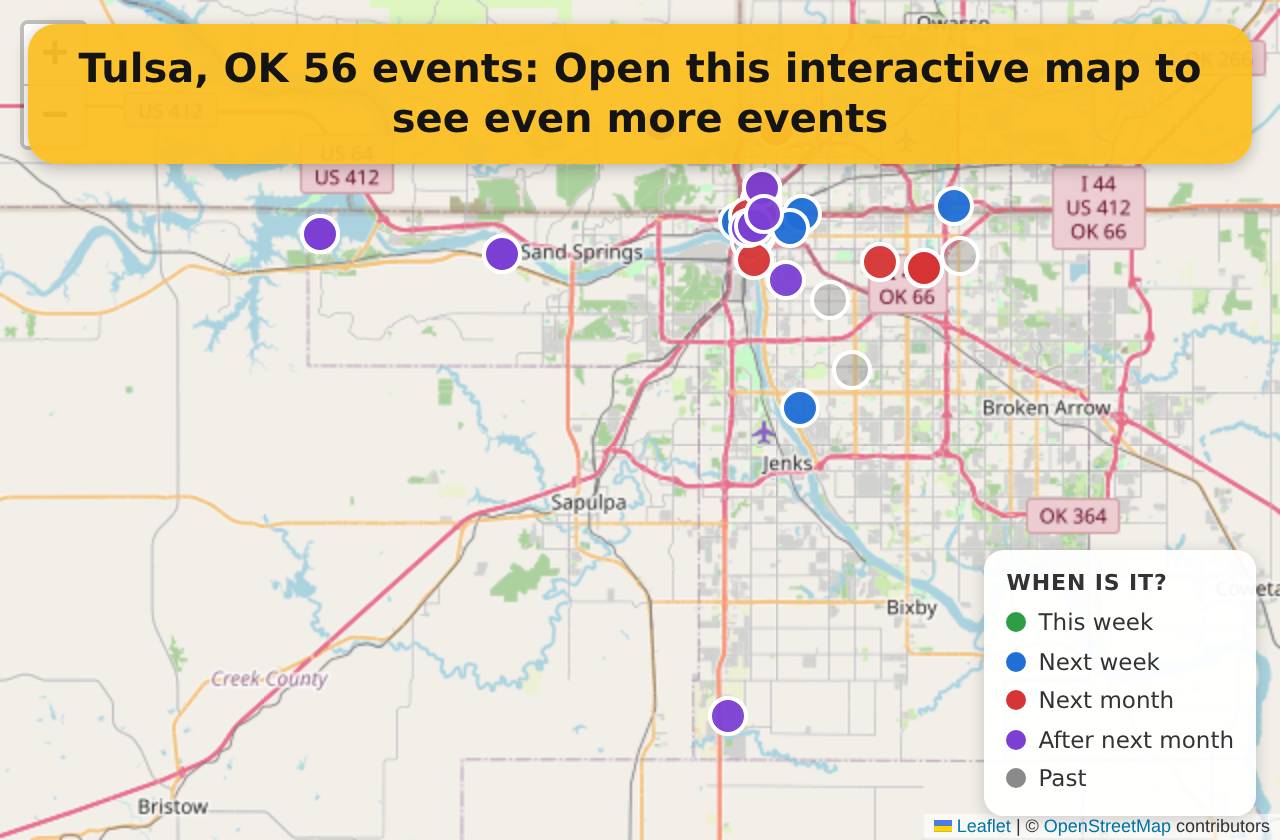 Map of events in Tulsa, OK on the interactive EVENTULIST map