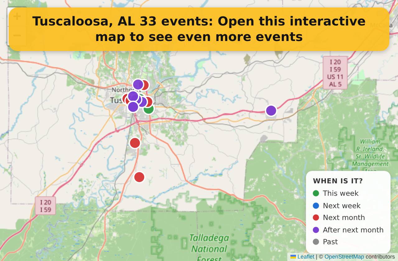 Map of events in Tuscaloosa, AL on the interactive EVENTULIST map