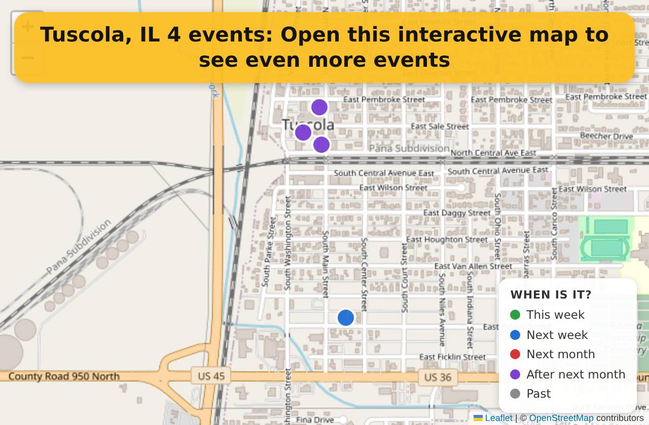 Map of events in Tuscola, IL on the interactive EVENTULIST map