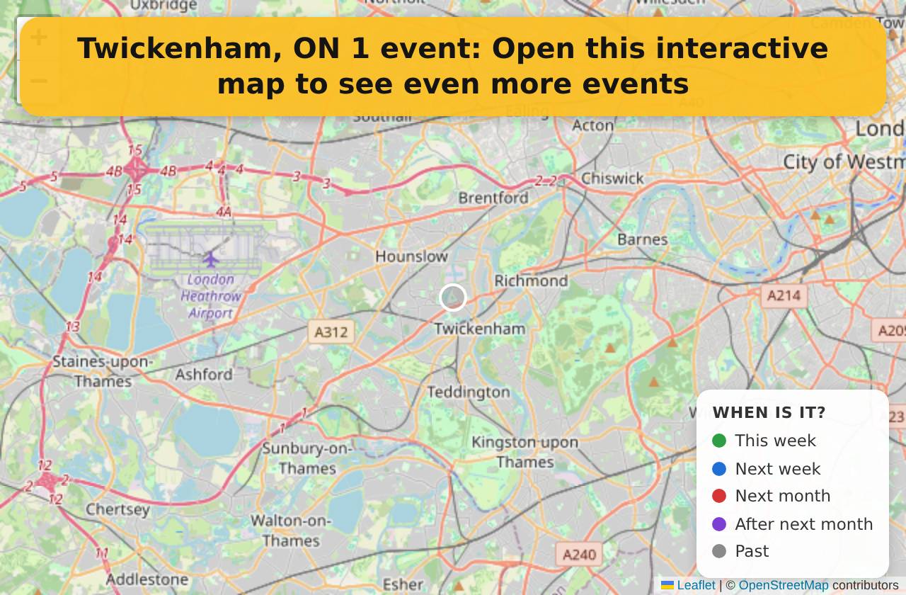 Map of events in Twickenham, ON on the interactive EVENTULIST map