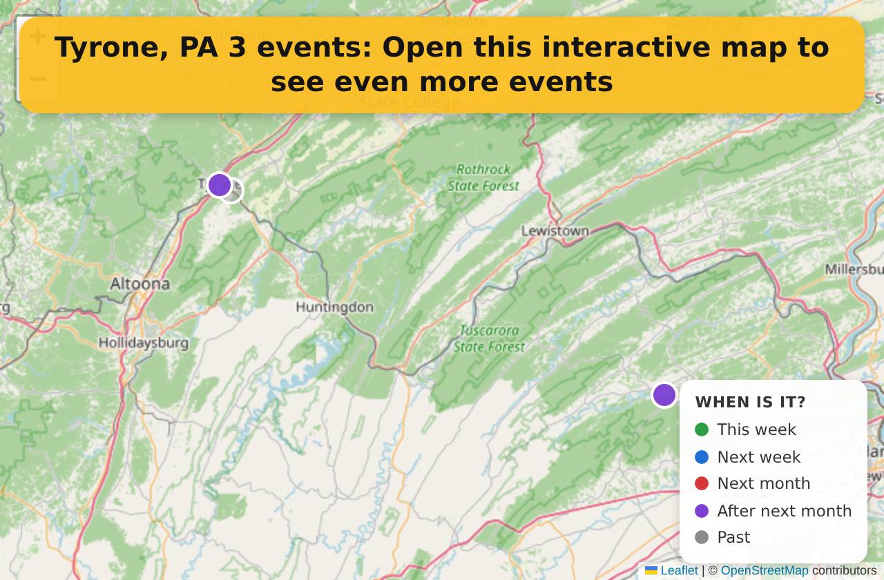 Map of events in Tyrone, PA on the interactive EVENTULIST map