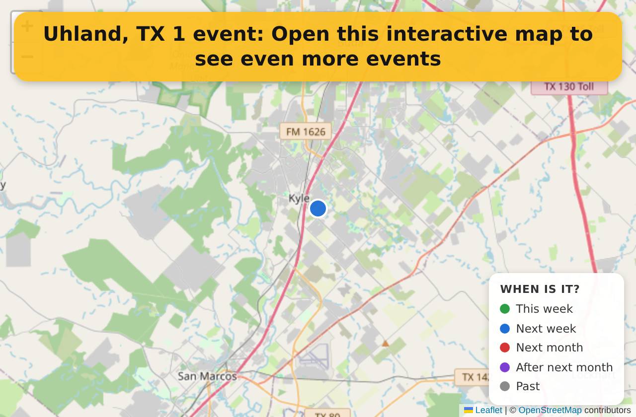 Map of events in Uhland, TX on the interactive EVENTULIST map