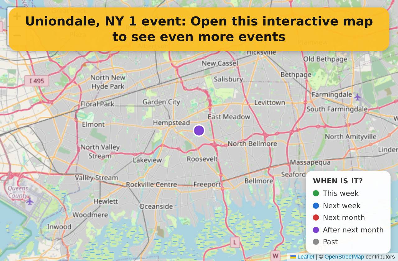 Map of events in Uniondale, NY on the interactive EVENTULIST map