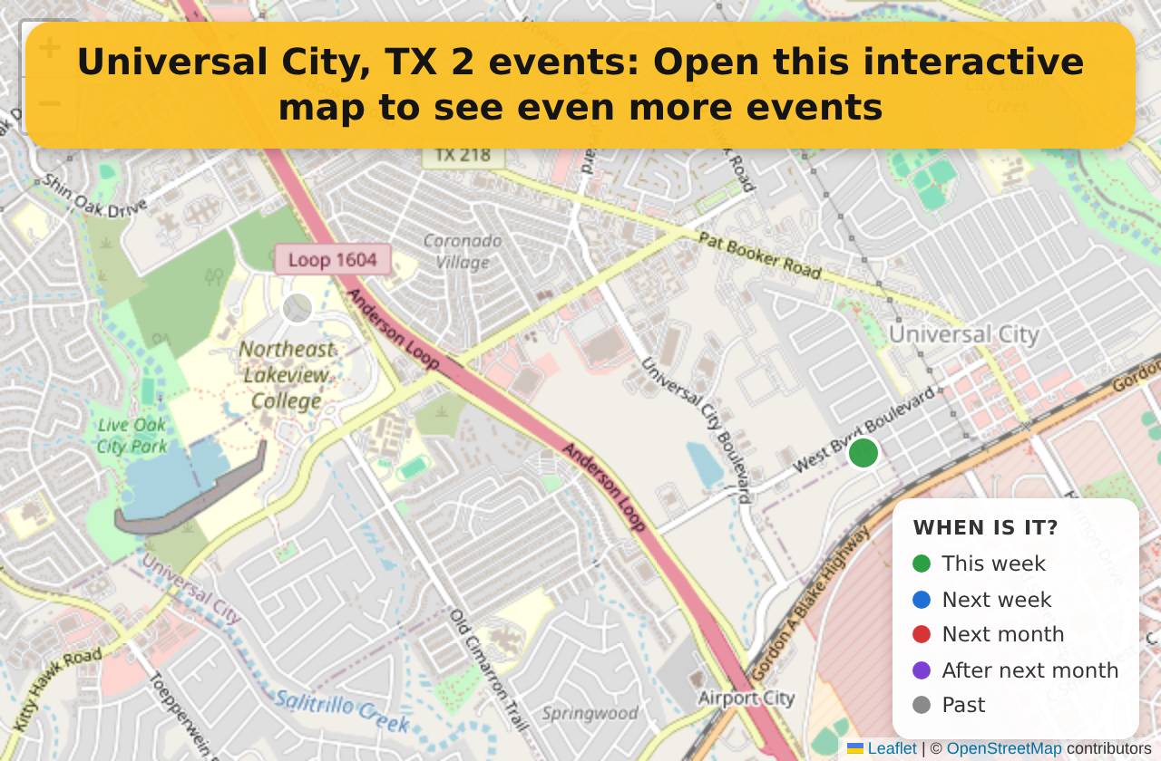 Map of events in Universal City, TX on the interactive EVENTULIST map