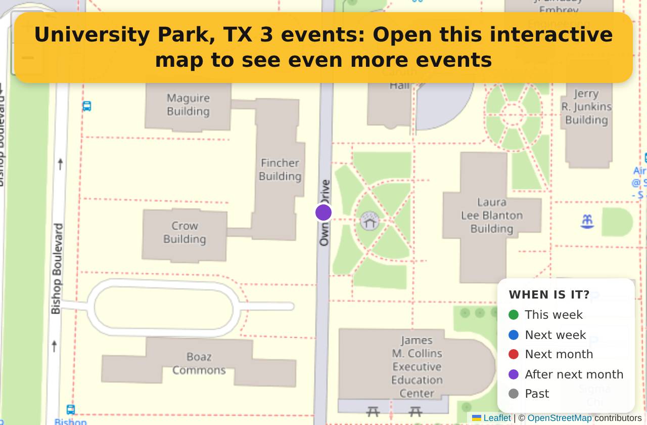 Map of events in University Park, TX on the interactive EVENTULIST map