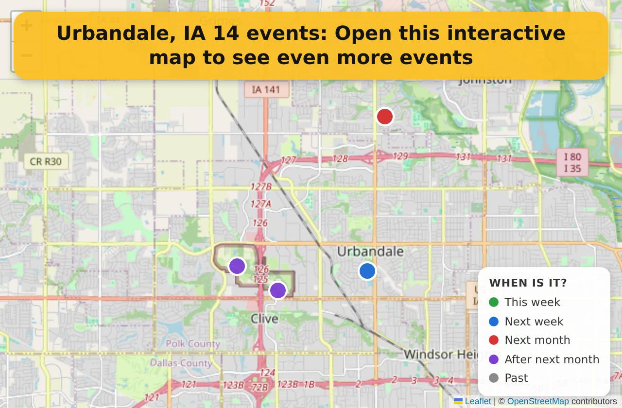 Map of events in Urbandale, IA on the interactive EVENTULIST map