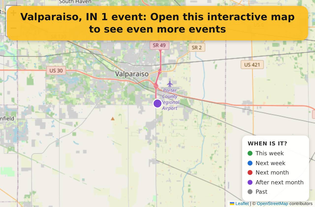 Map of events in Valparaiso, IN on the interactive EVENTULIST map