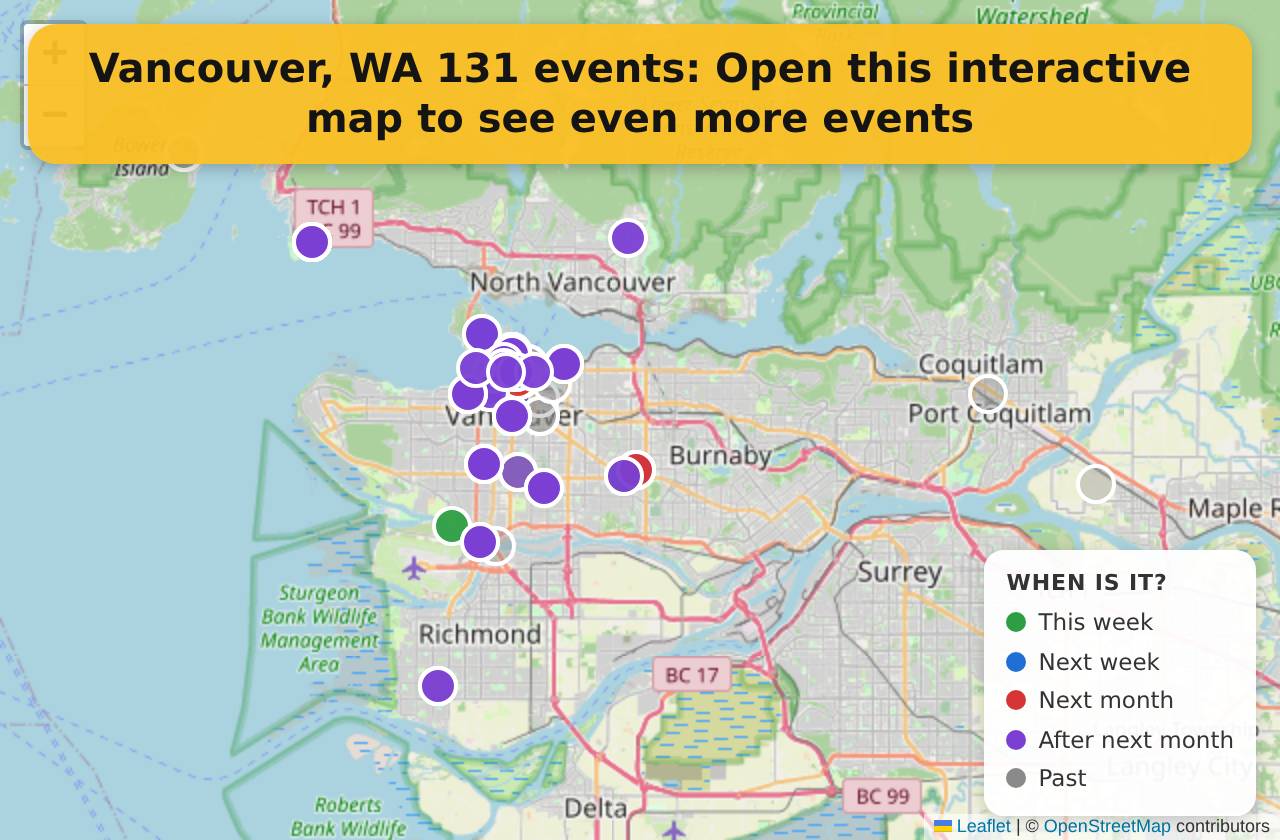 Map of events in Vancouver, WA on the interactive EVENTULIST map
