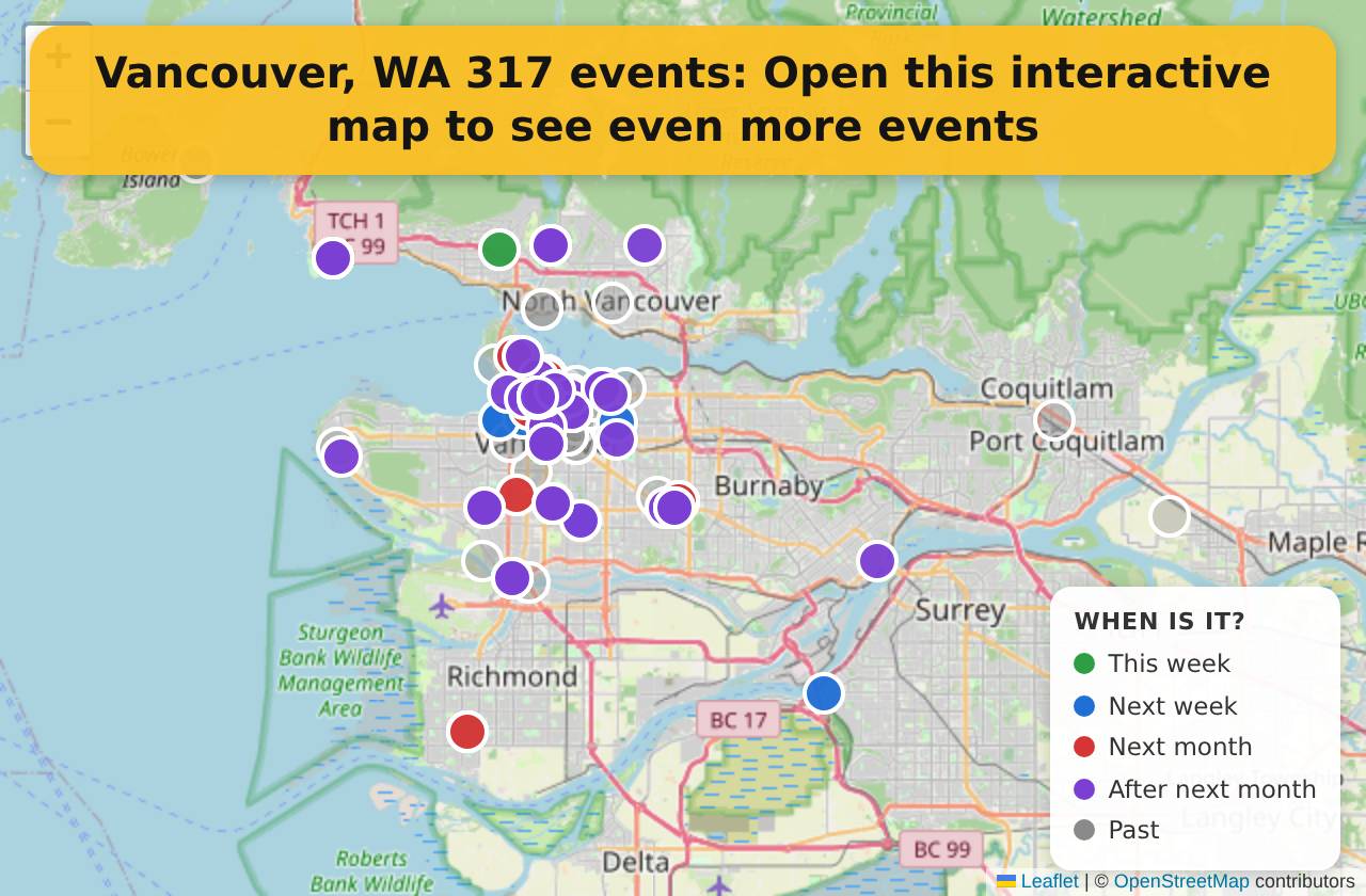 Map of events in Vancouver, WA on the interactive EVENTULIST map