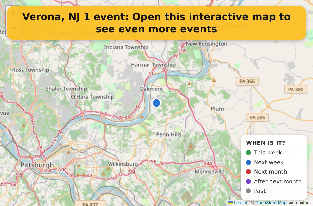 Map of events in Verona, NJ on the interactive EVENTULIST map