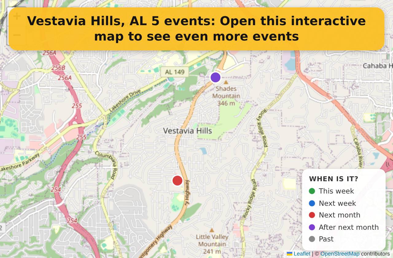 Map of events in Vestavia Hills, AL on the interactive EVENTULIST map
