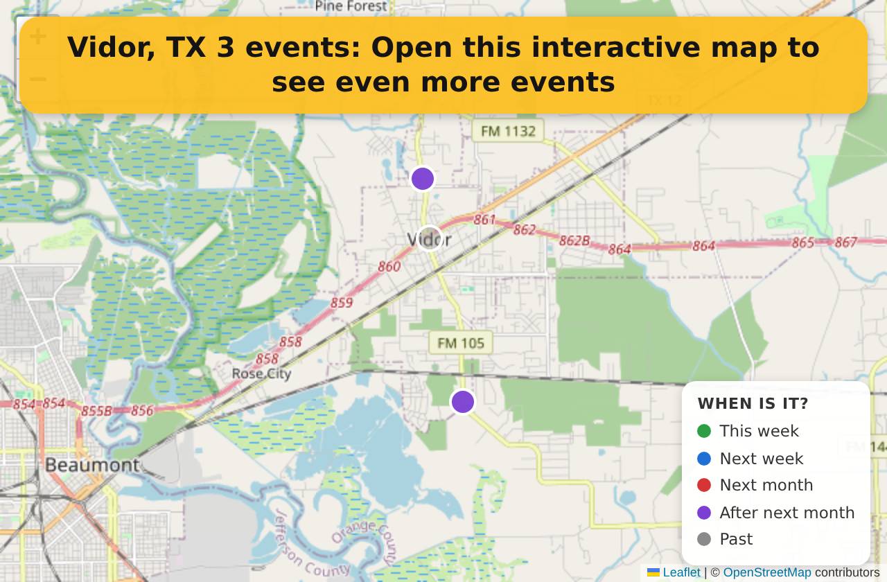 Map of events in Vidor, TX on the interactive EVENTULIST map