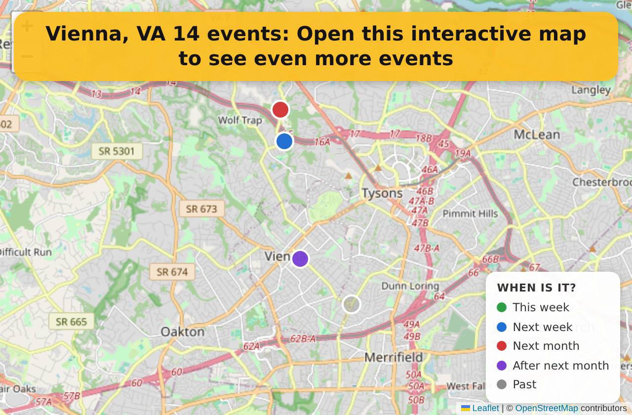 Map of events in Vienna, VA on the interactive EVENTULIST map