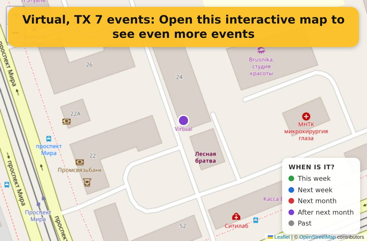 Map of events in Virtual, TX on the interactive EVENTULIST map