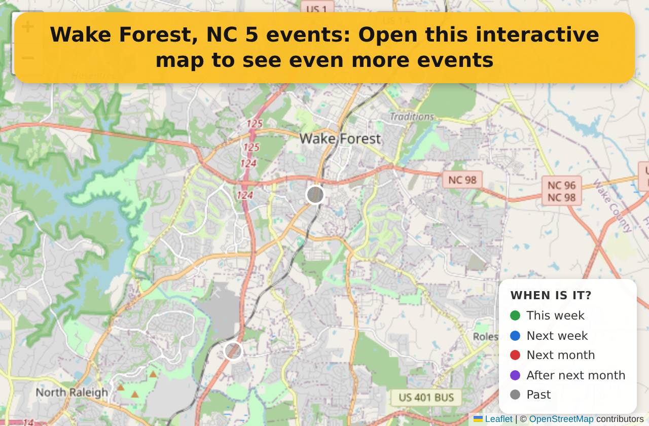 Map of events in Wake Forest, NC on the interactive EVENTULIST map