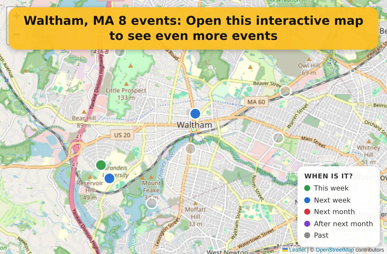 Map of events in Waltham, MA on the interactive EVENTULIST map