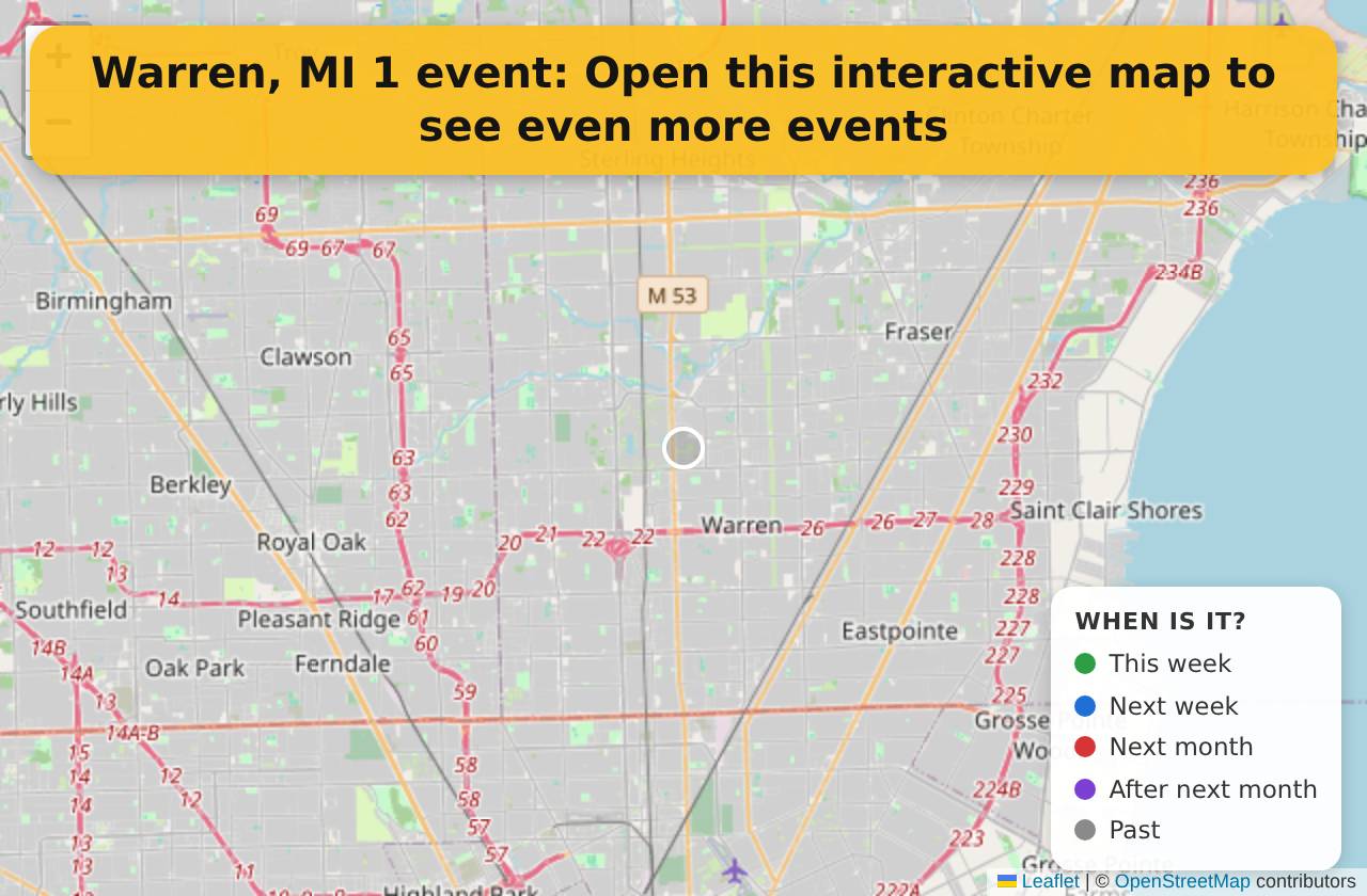 Map of events in Warren, MI on the interactive EVENTULIST map