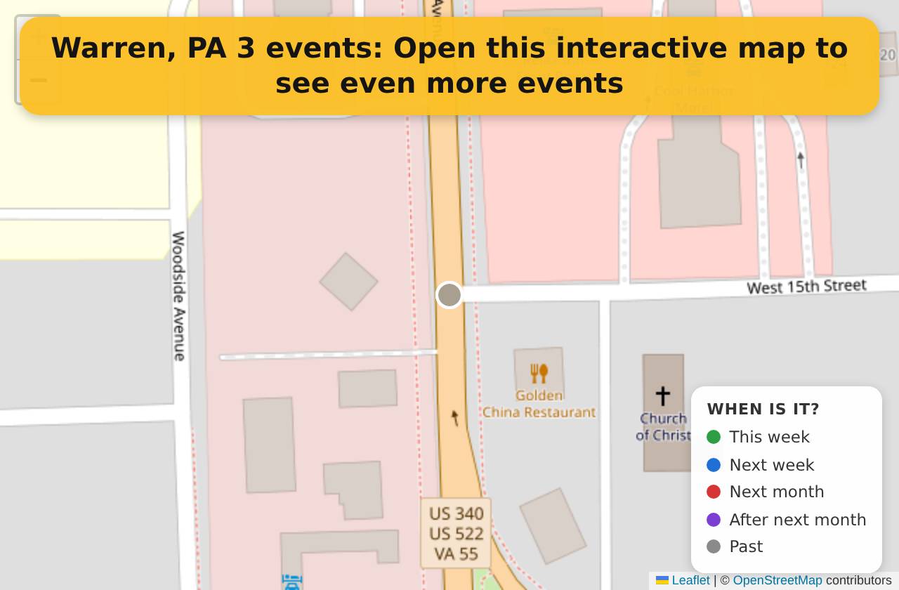 Map of events in Warren, PA on the interactive EVENTULIST map