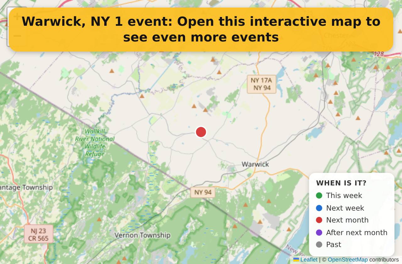 Map of events in Warwick, NY on the interactive EVENTULIST map