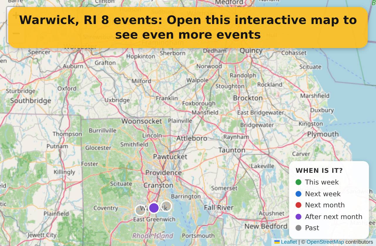 Map of events in Warwick, RI on the interactive EVENTULIST map