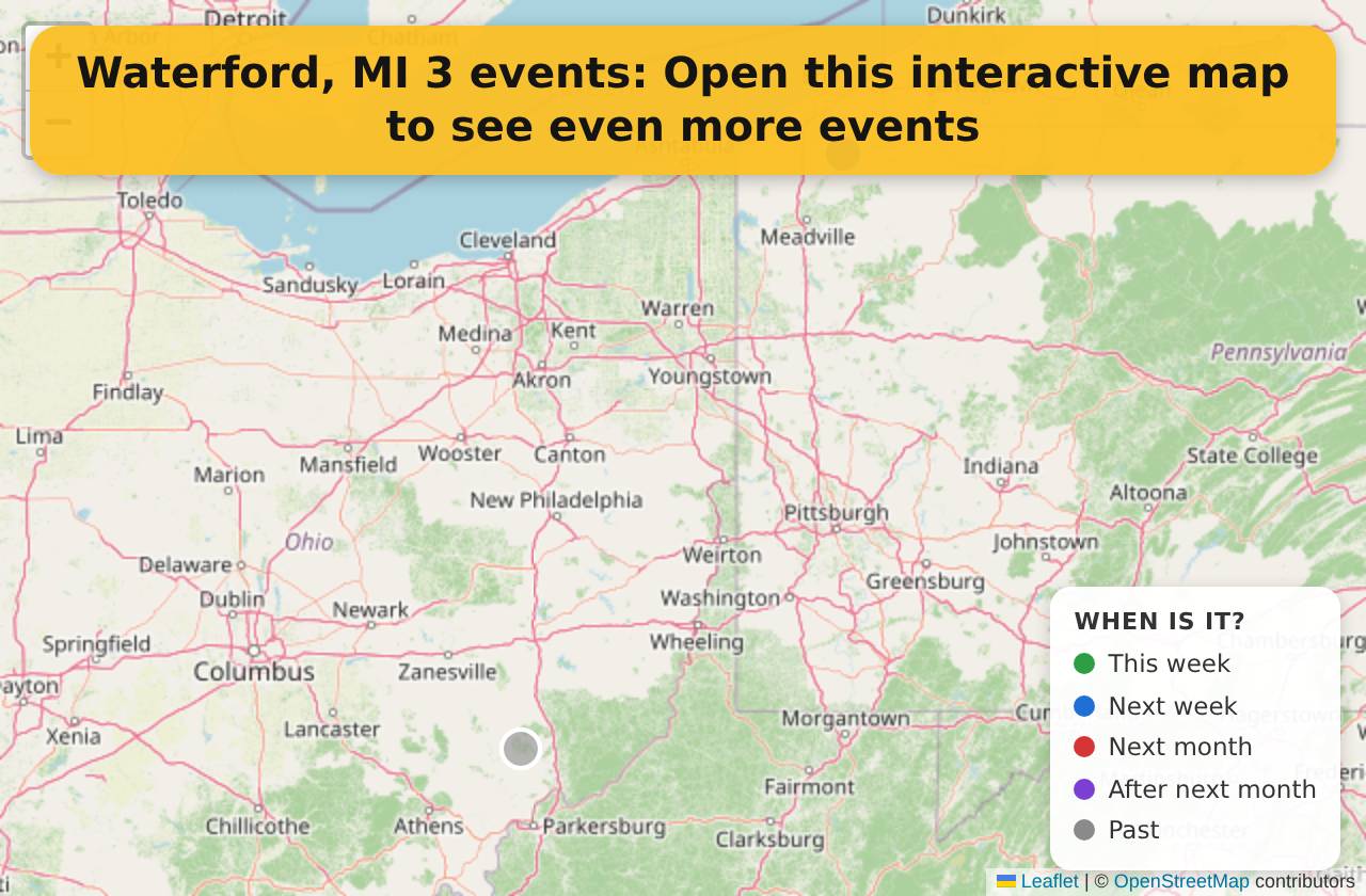 Map of events in Waterford, MI on the interactive EVENTULIST map