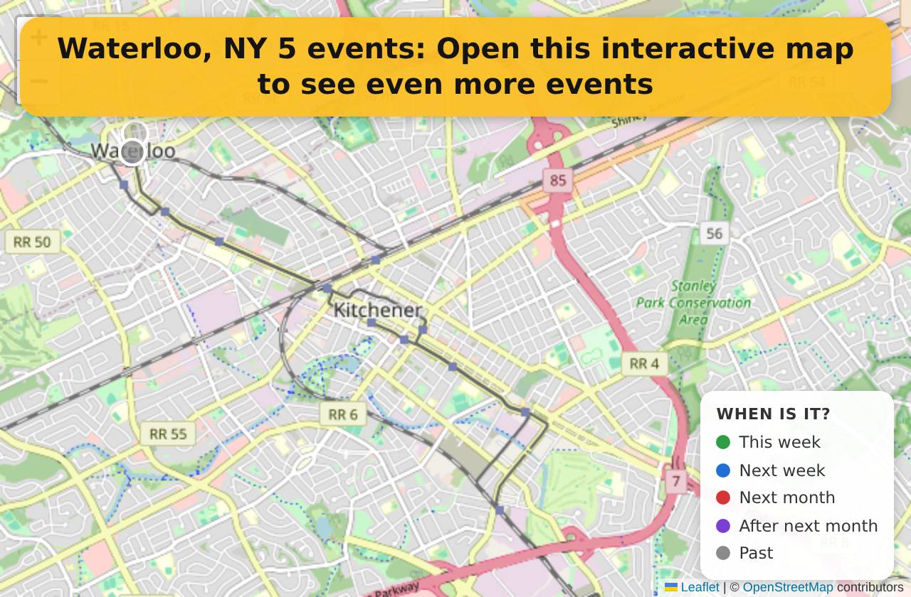 Map of events in Waterloo, NY on the interactive EVENTULIST map