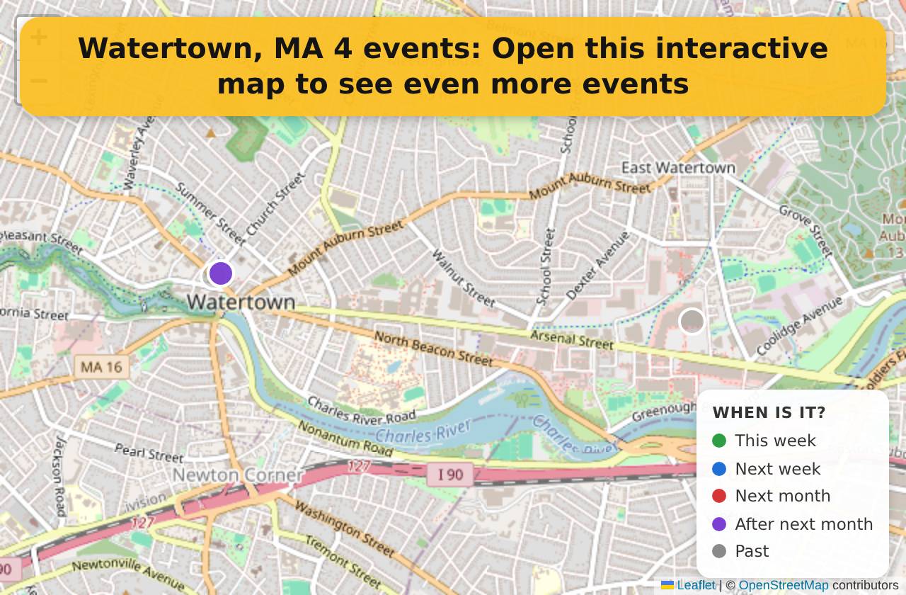 Map of events in Watertown, MA on the interactive EVENTULIST map