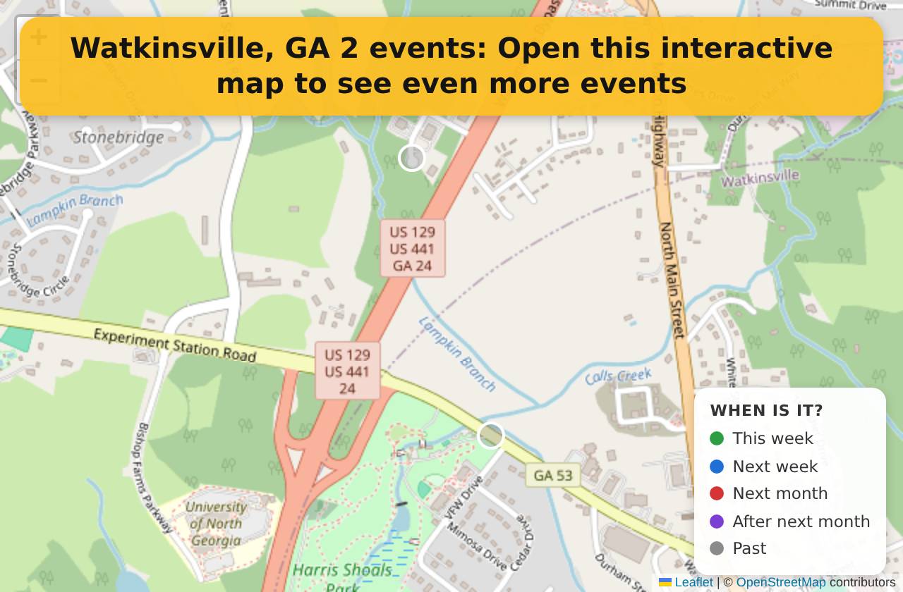 Map of events in Watkinsville, GA on the interactive EVENTULIST map