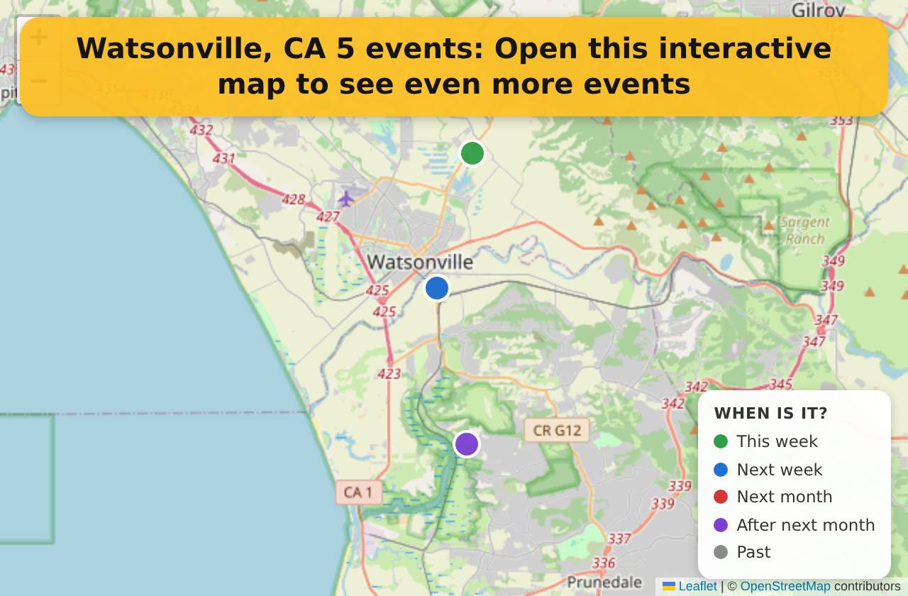 Map of events in Watsonville, CA on the interactive EVENTULIST map