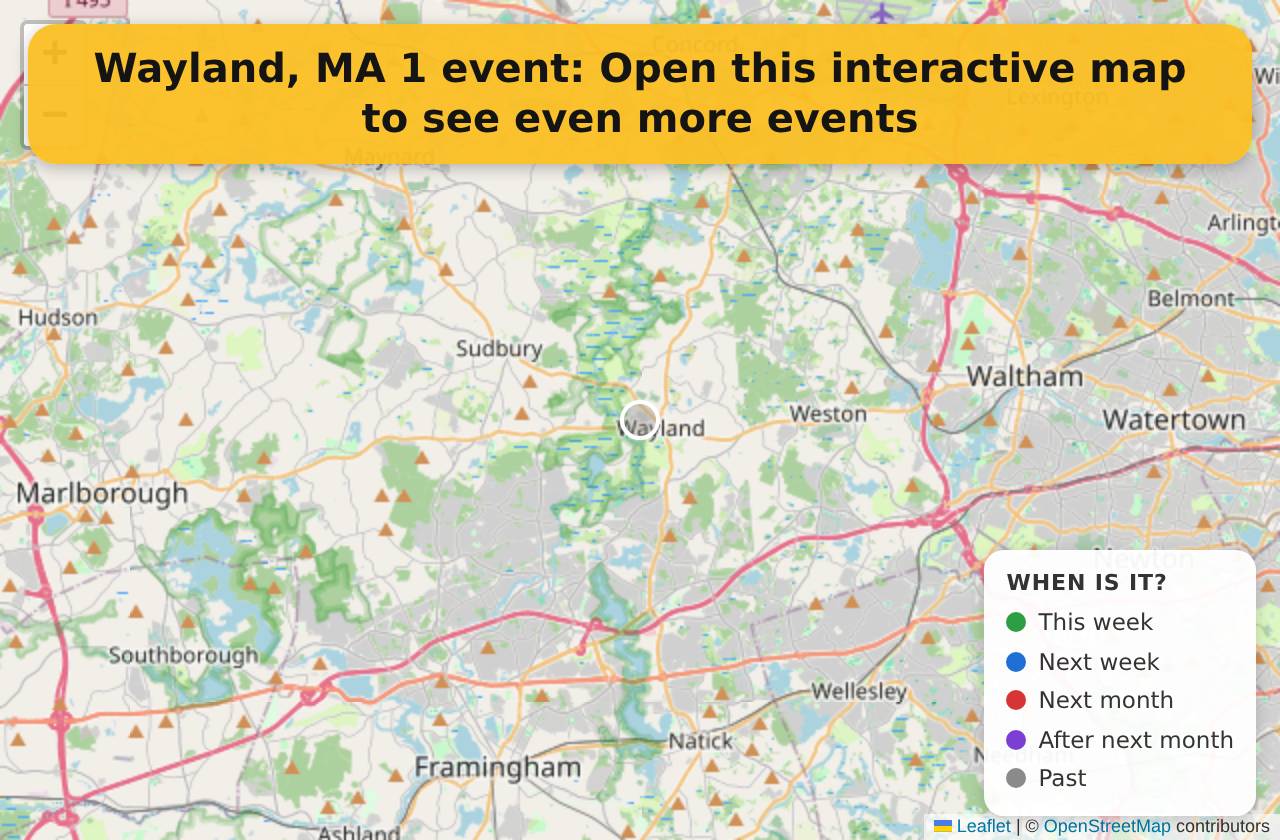 Map of events in Wayland, MA on the interactive EVENTULIST map
