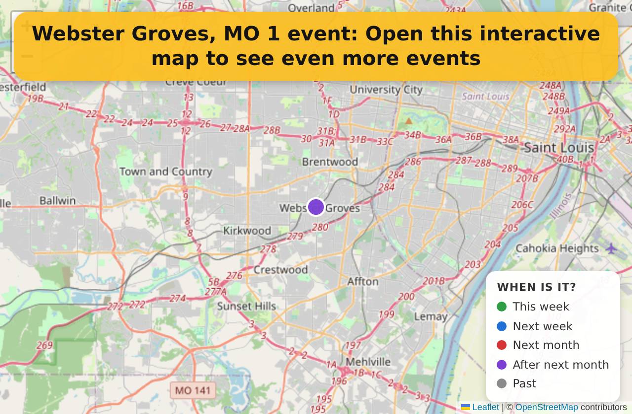 Map of events in Webster Groves, MO on the interactive EVENTULIST map