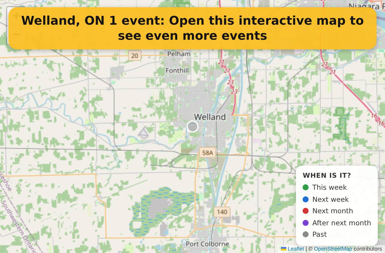 Map of events in Welland, ON on the interactive EVENTULIST map