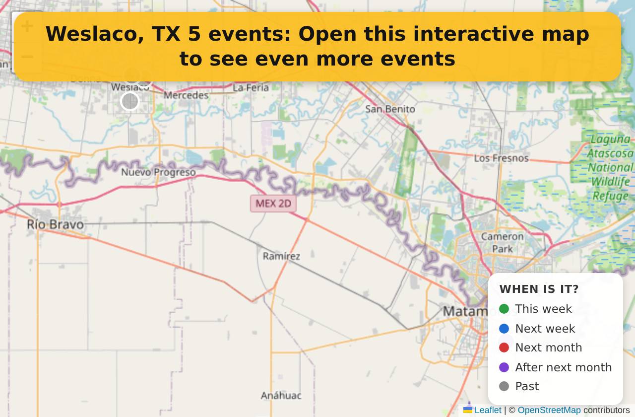Map of events in Weslaco, TX on the interactive EVENTULIST map