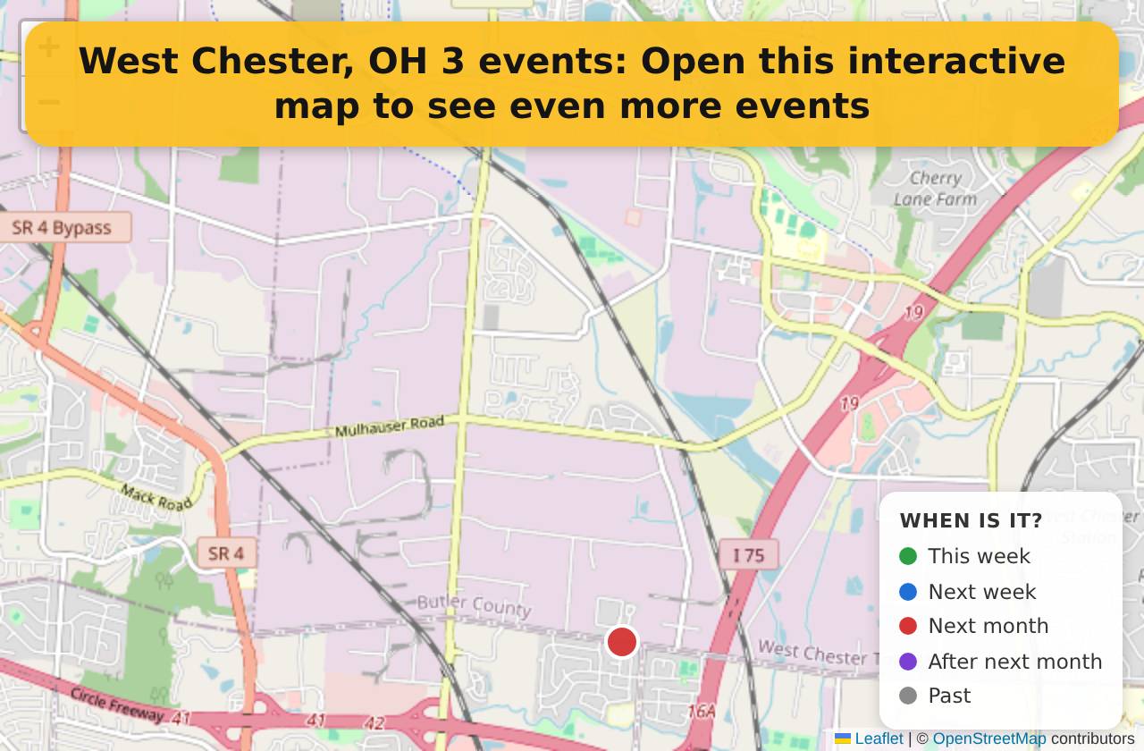 Map of events in West Chester, OH on the interactive EVENTULIST map