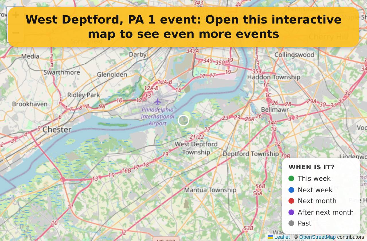 Map of events in West Deptford, PA on the interactive EVENTULIST map