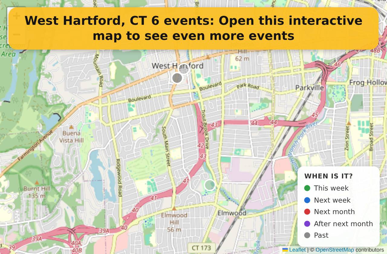 Map of events in West Hartford, CT on the interactive EVENTULIST map