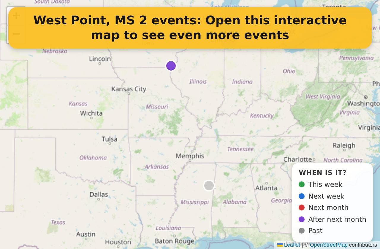 Map of events in West Point, MS on the interactive EVENTULIST map