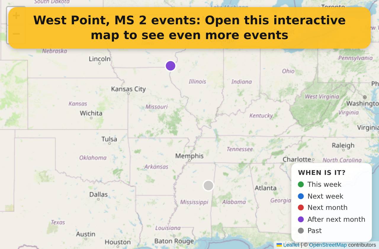 Map of events in West Point, MS on the interactive EVENTULIST map