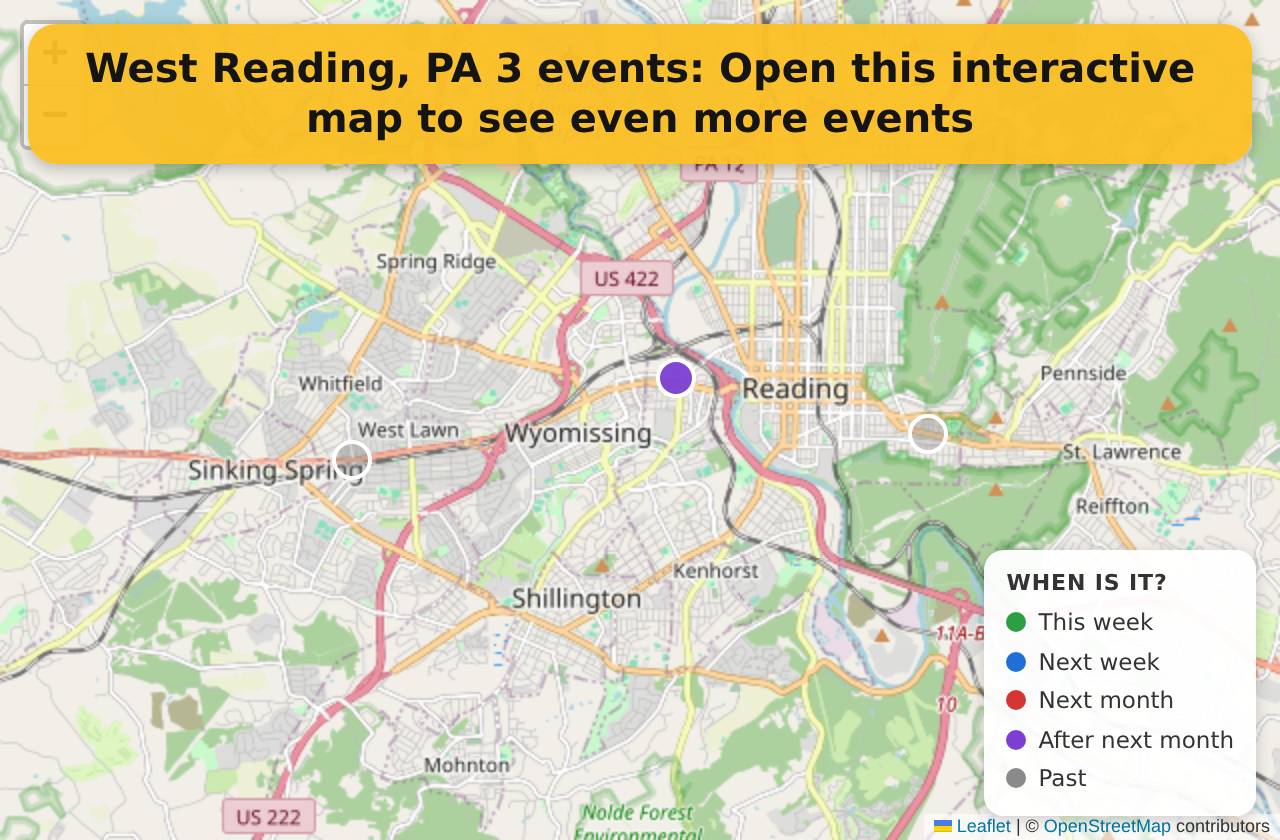 Map of events in West Reading, PA on the interactive EVENTULIST map