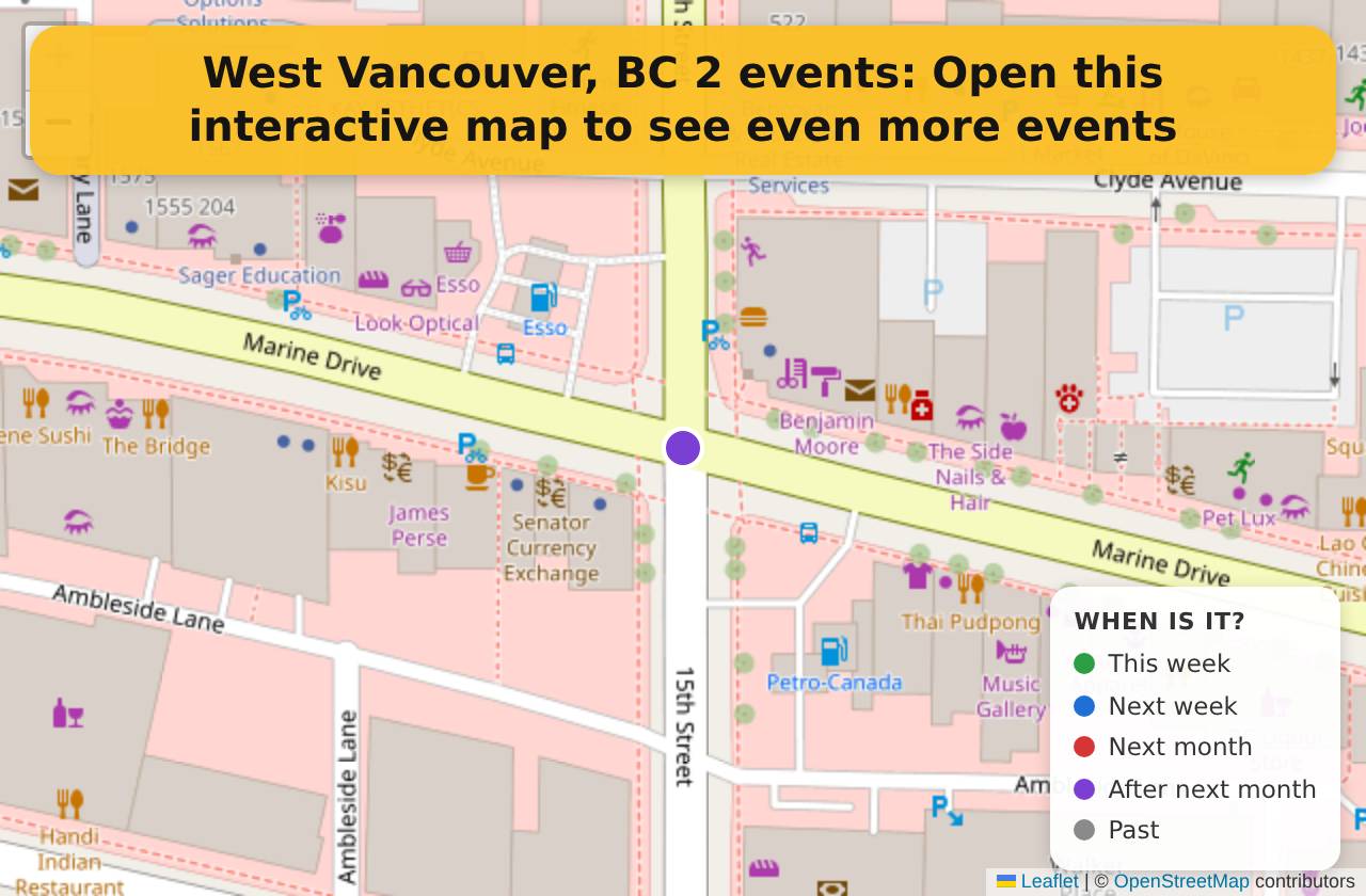 Map of events in West Vancouver, BC on the interactive EVENTULIST map