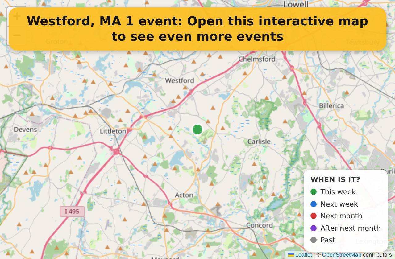 Map of events in Westford, MA on the interactive EVENTULIST map