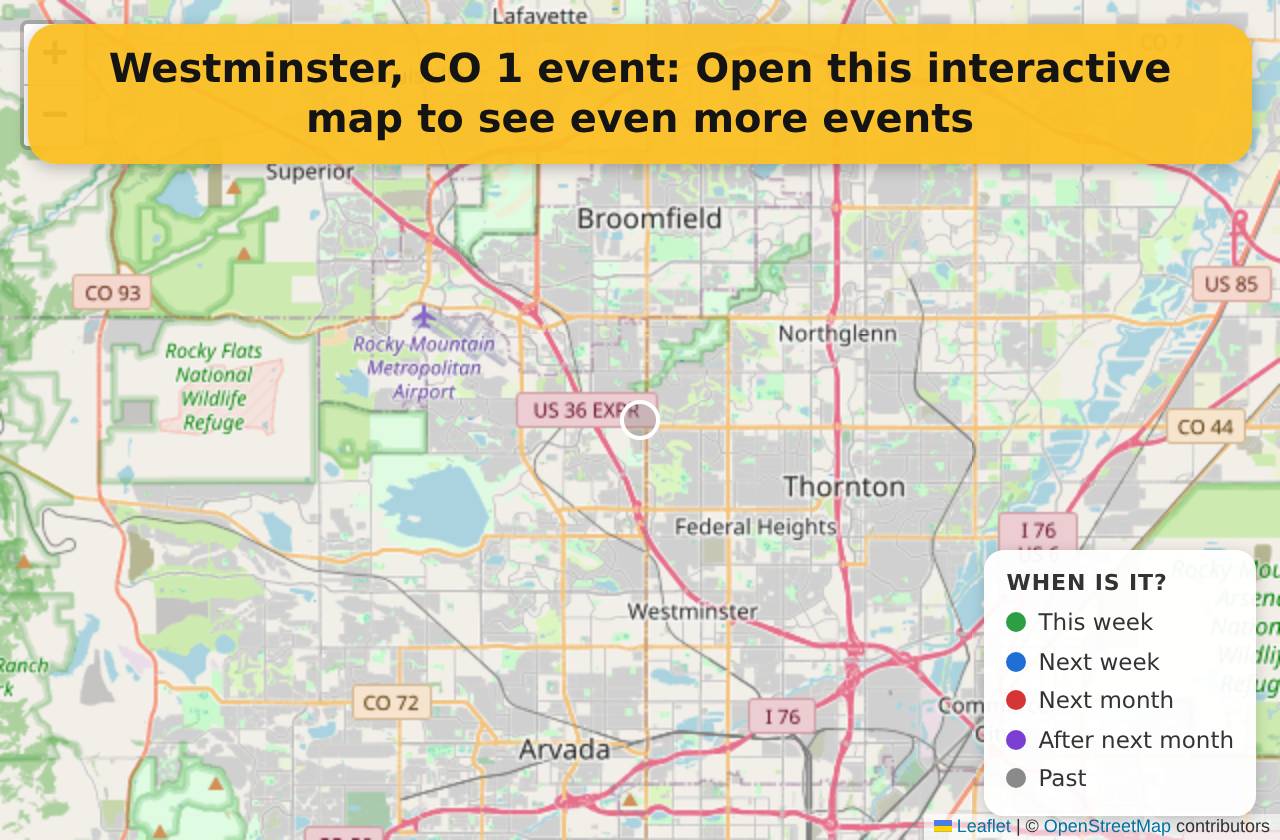 Map of events in Westminster, CO on the interactive EVENTULIST map
