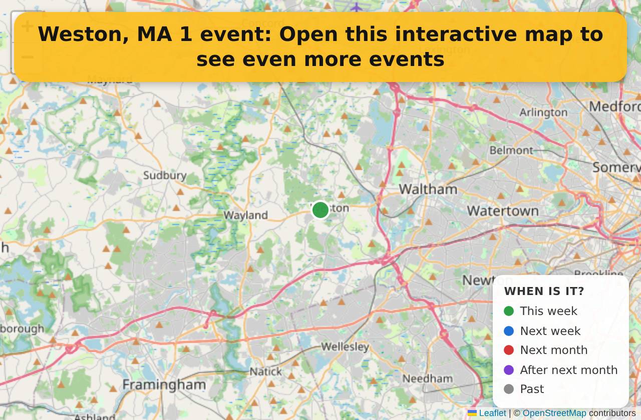 Map of events in Weston, MA on the interactive EVENTULIST map